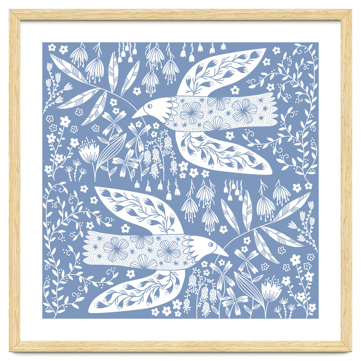 Doves And Flowers White On Blue