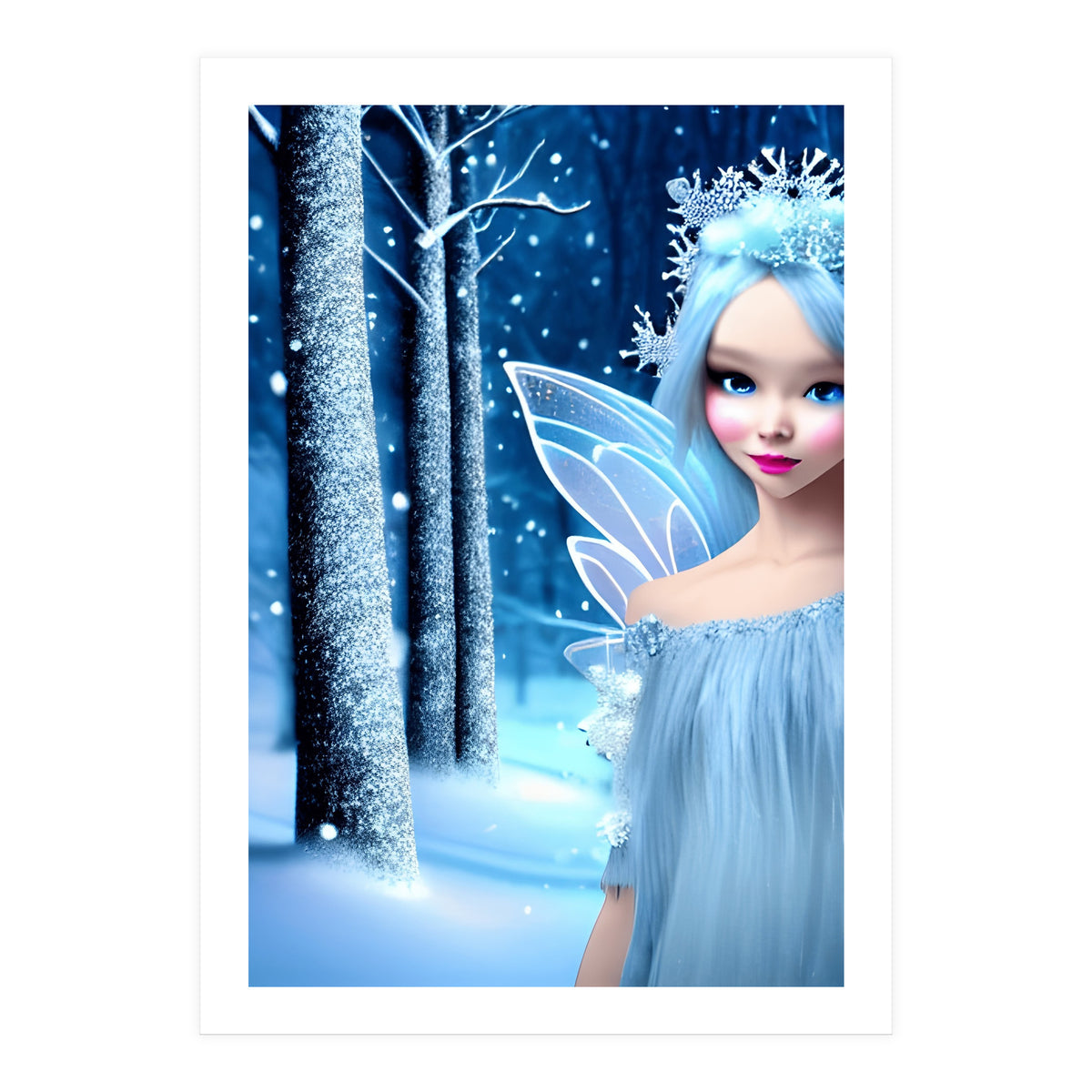 Cute 3d light blue Winter Fairy in the Forest (Print Only)