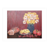 Still life with cheese, daffodils on a red background. (Print Only) thumbnail