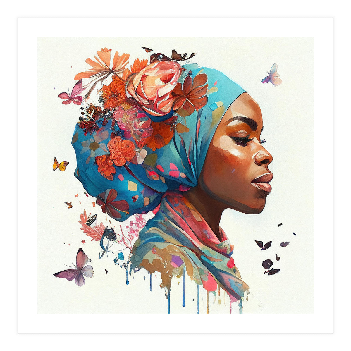 Watercolor Floral Muslim African Woman #2 (Print Only)
