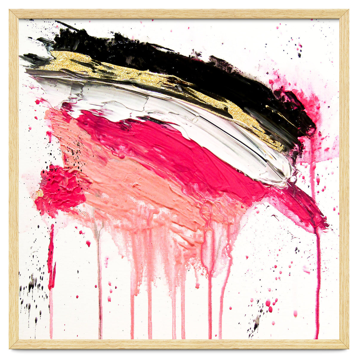 Modern Abstract Pink Black Gold Brushstrokes Splatters Acrylic