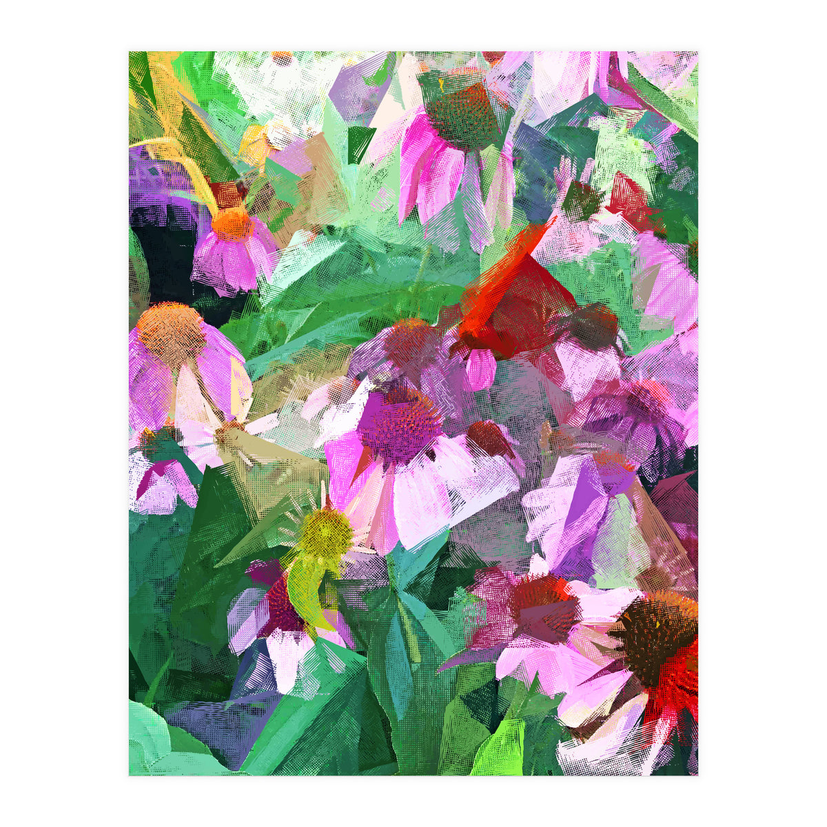 The Memory of Spring, Crosshatch Botanical Floral Painting, Plants Garden Meadow, Flowers Nature Digital Illustration (Print Only)