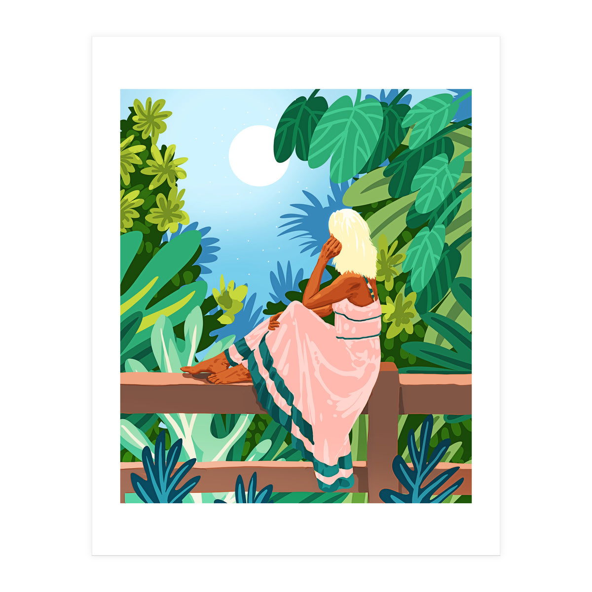 Forest Moon, Bohemian Woman Jungle Nature Tropical Colorful Travel Fashion Illustration (Print Only)