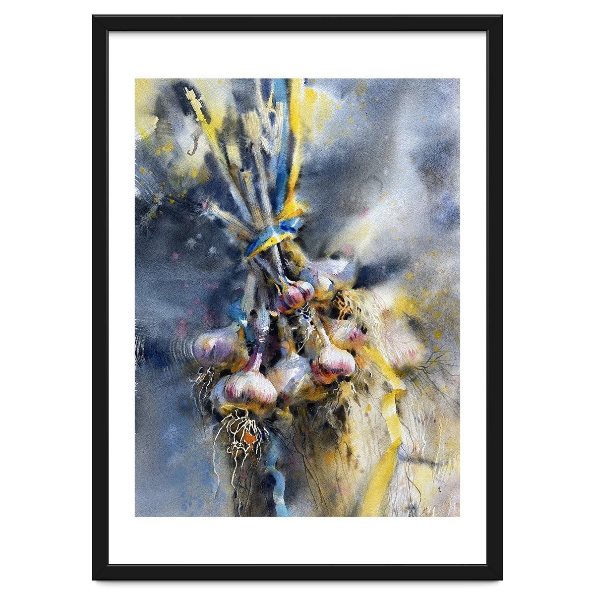 Garlic With Ribbon. Watercolor painting Still life