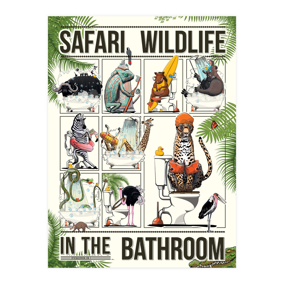 Safari Animals in the Bathroom, funny toilet humour (Print Only)