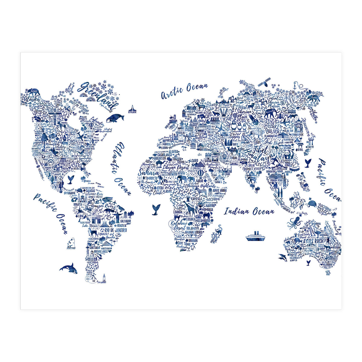 Watercolor World Map in Blue (Print Only)