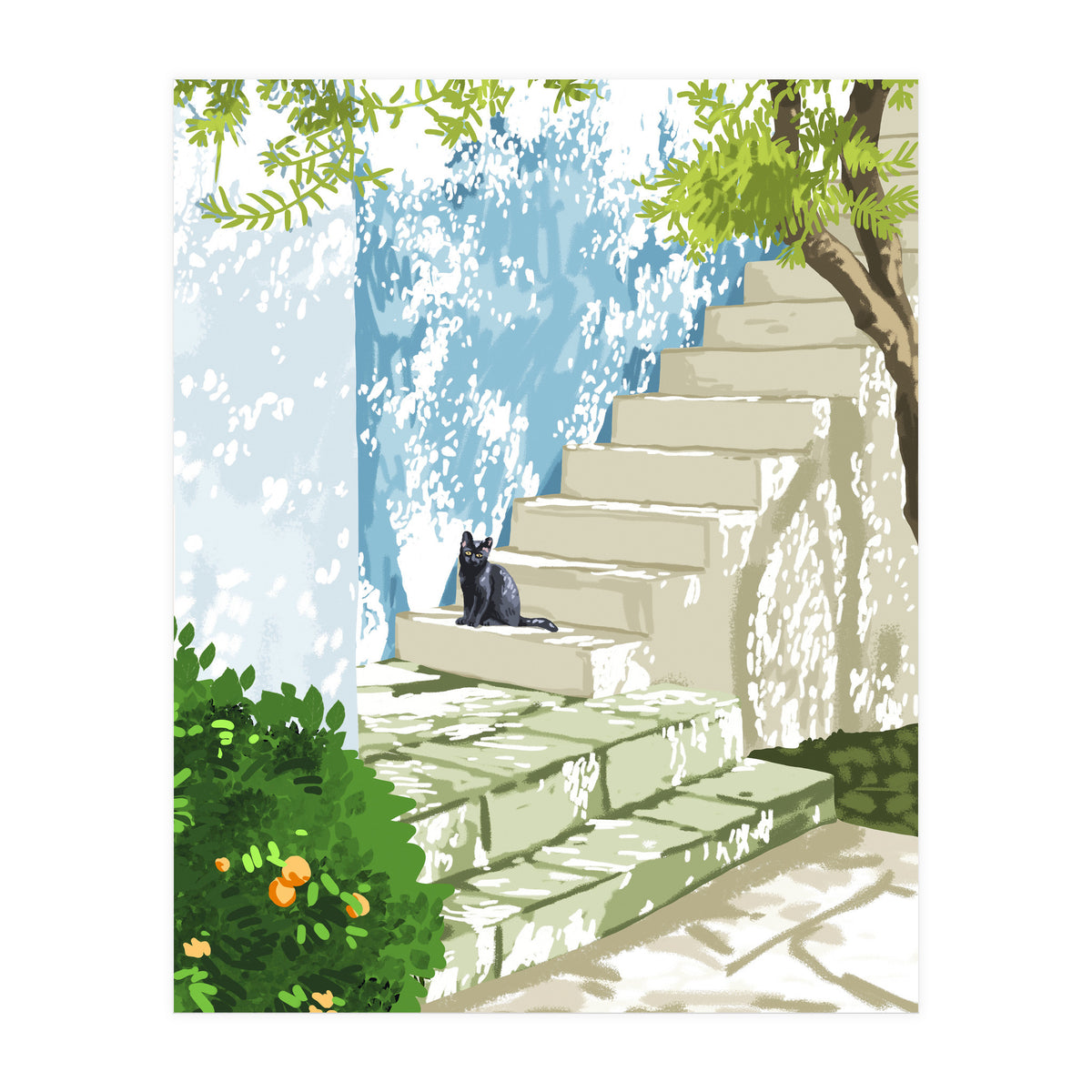 Black cat on the steps Poster, Greece Santorini summer travel pet painting (Print Only)