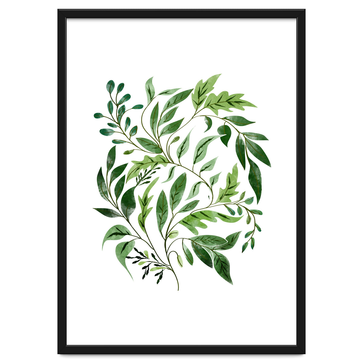 Botanical Abundance, Fresh Green Nature Watercolor Painting, Vibrant Leaves Minimal Illustration