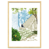Black cat on the steps Poster, Greece Santorini summer travel pet painting thumbnail