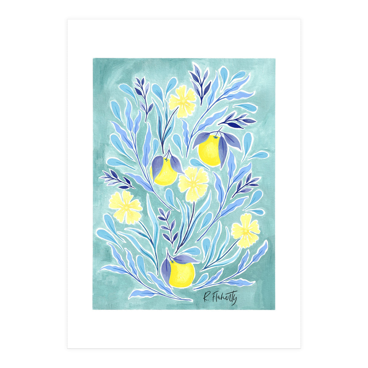 Wild Orange Floral | Lemon & Duck Egg Blue (Print Only)