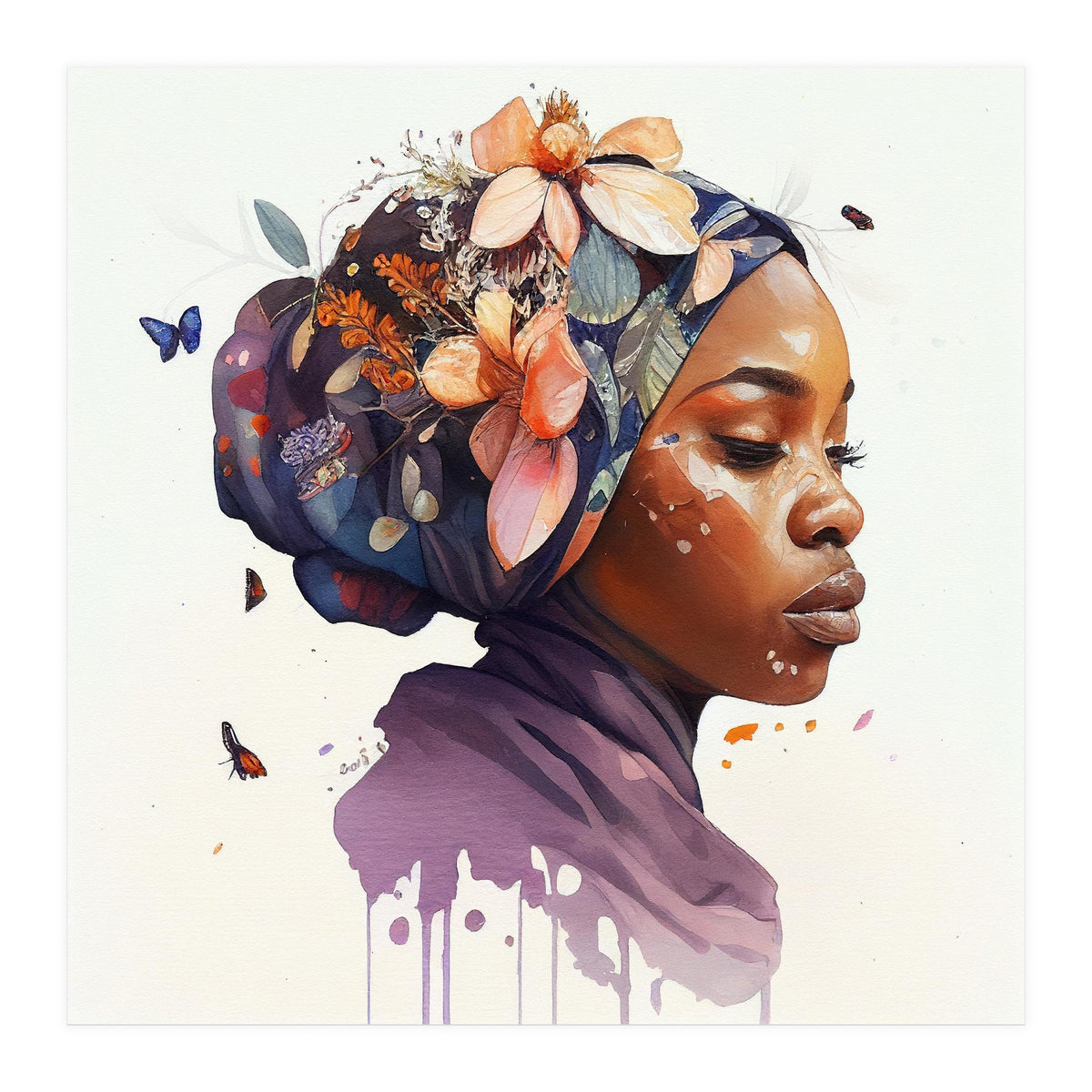 Watercolor Floral Muslim African Woman #4 (Print Only)