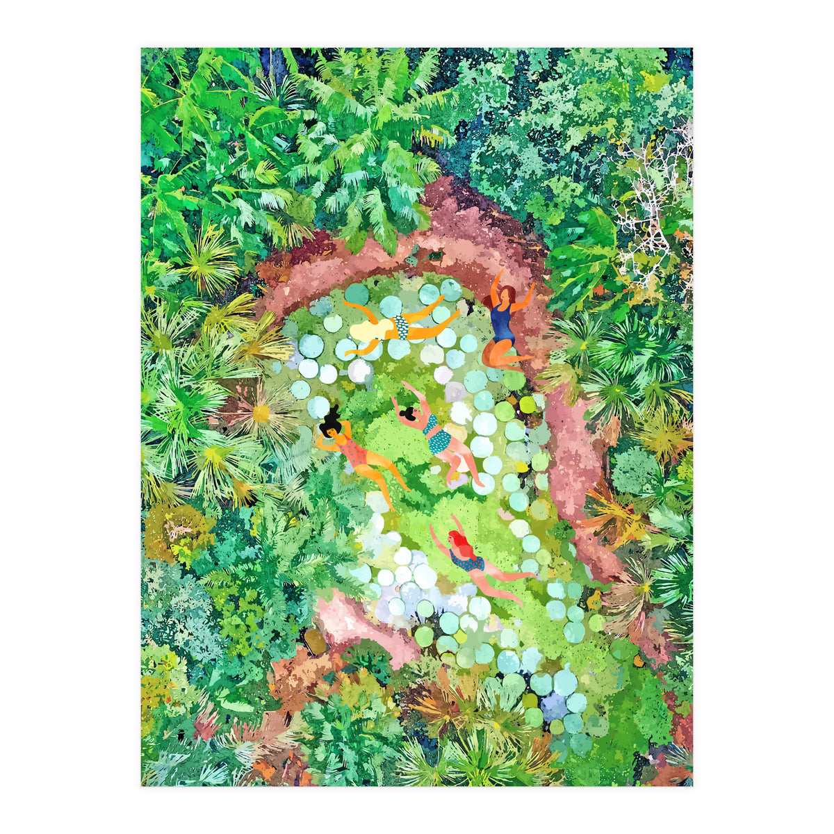 Tropical Vacay | Rainforest Jungle Botanical Lush Nature | Summer Lake People Swim | Boho Painting (Print Only)