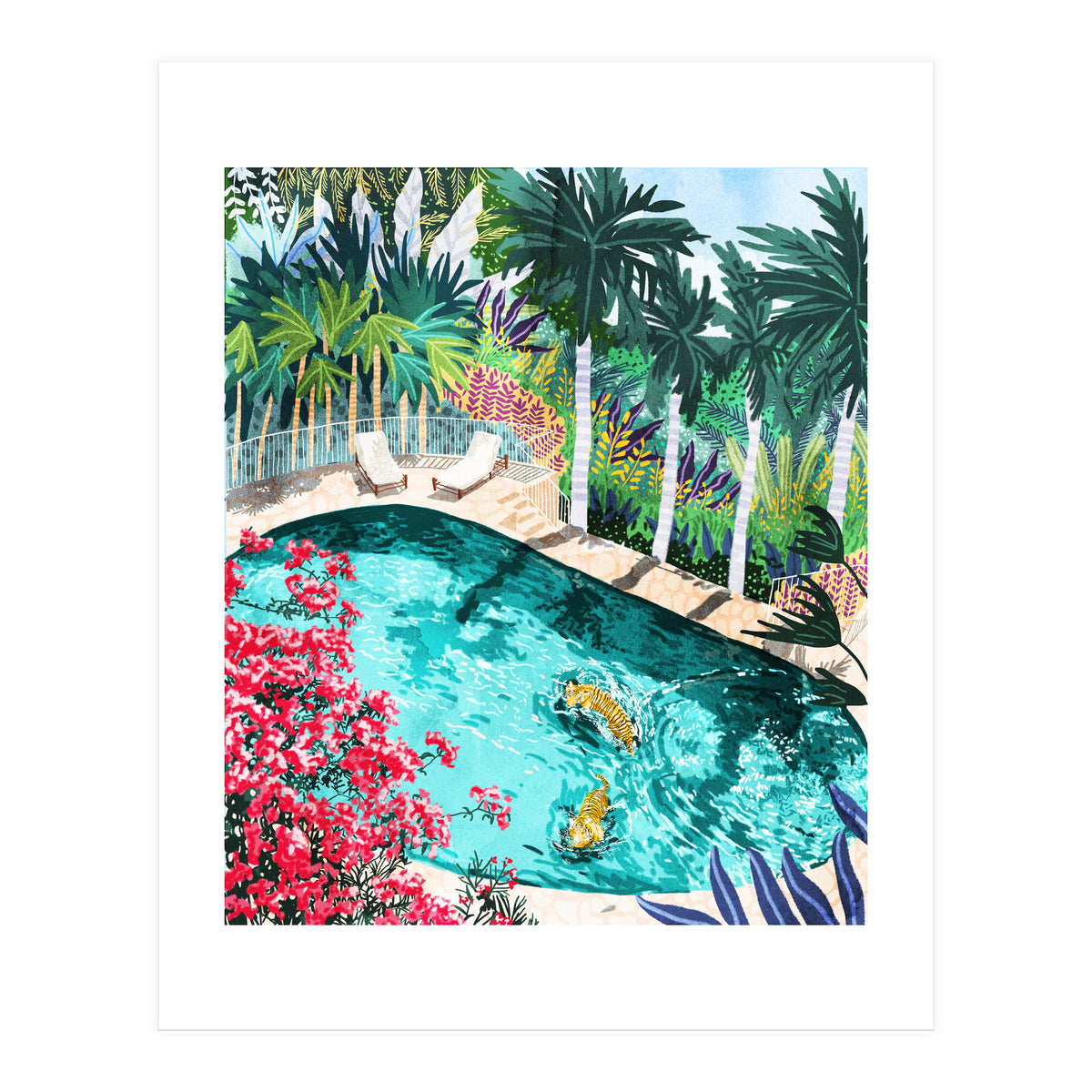 Luxury Tiger Villa illustration, Architecture Travel Nature Painting, Hotel Landscape Garden (Print Only)