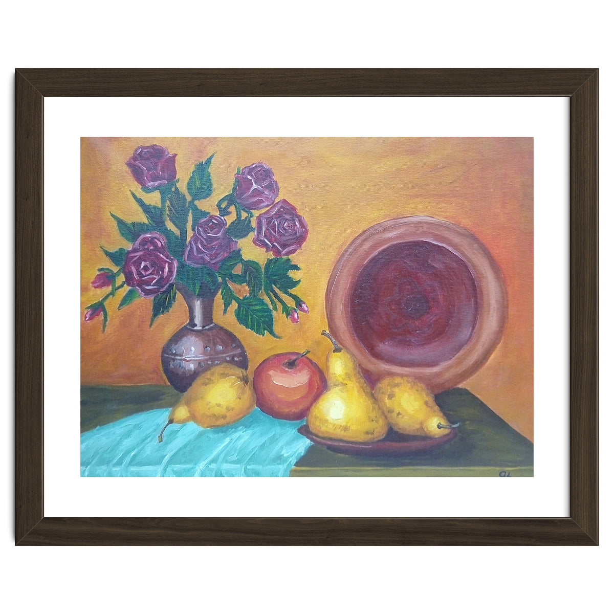 Still life with pears, roses and a dish.