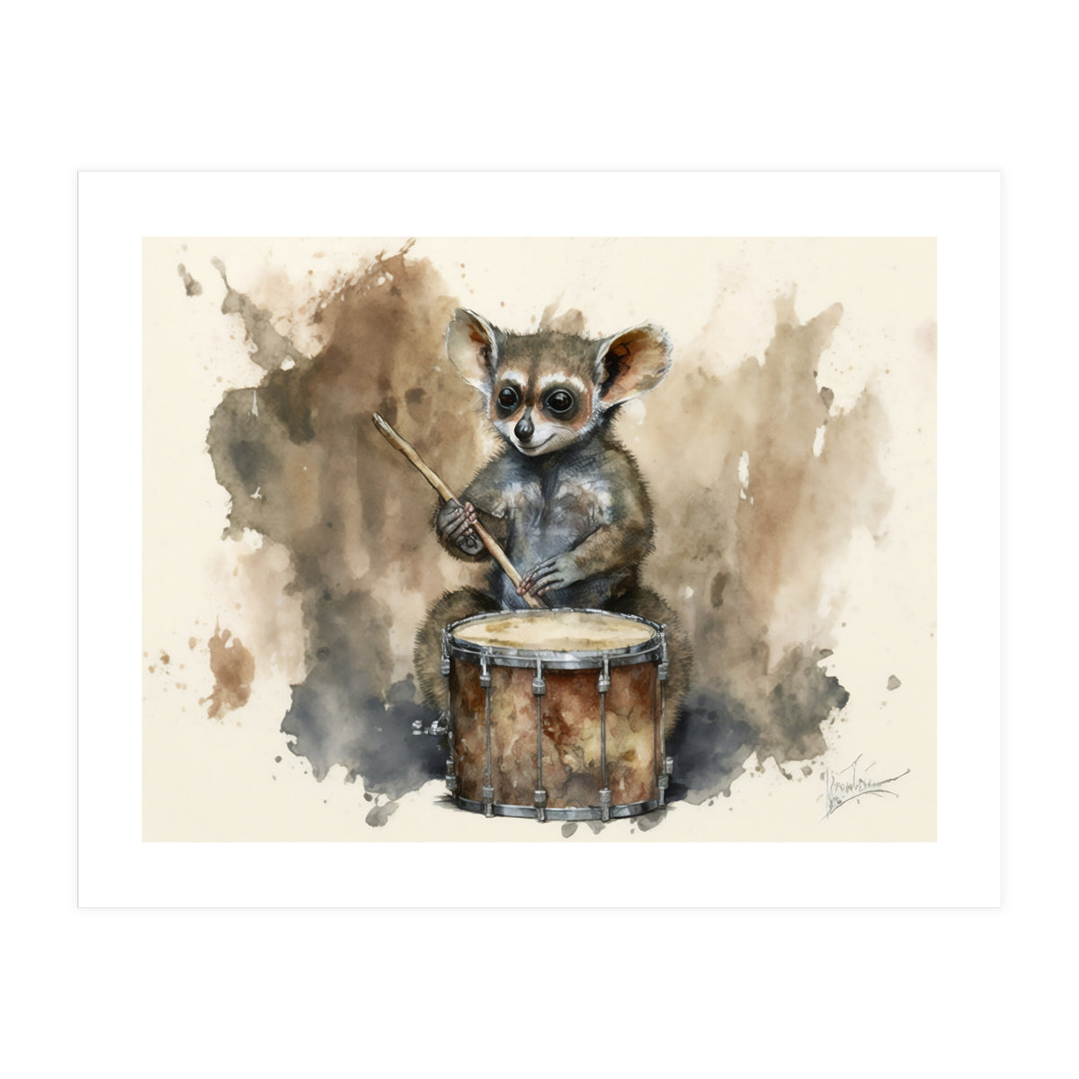 Bush Baby Playing Drum Watercolor Painting (Print Only)