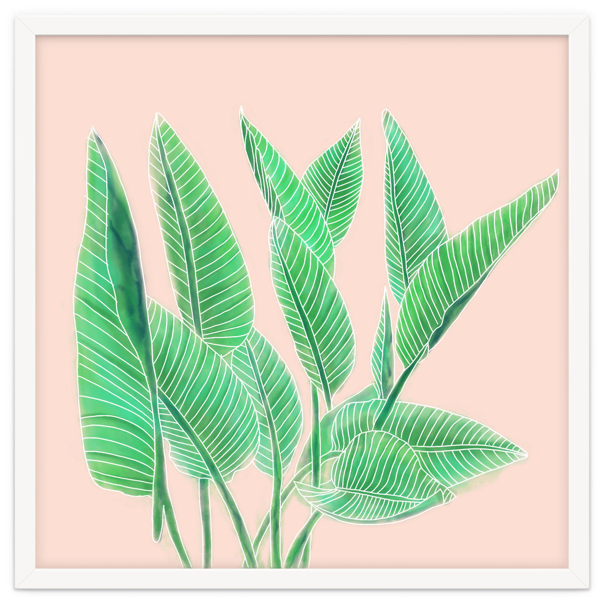 Modern Hand Painted Tropical Green Watercolor Leaf Bird Of Paradise On Pastel Pink