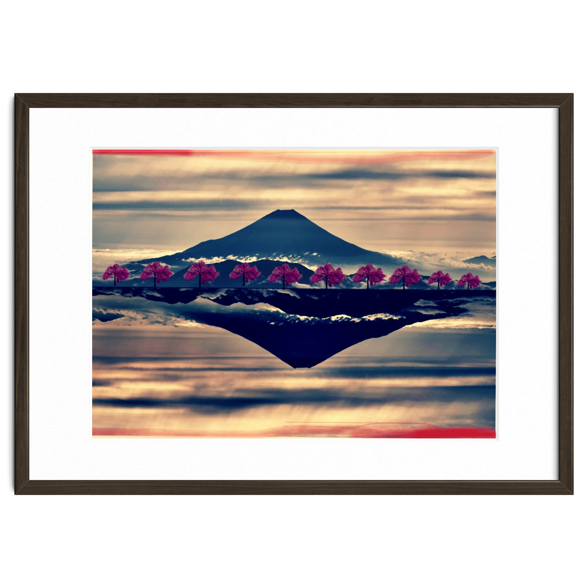 Reflection on Mount Fuji with cherry trees.