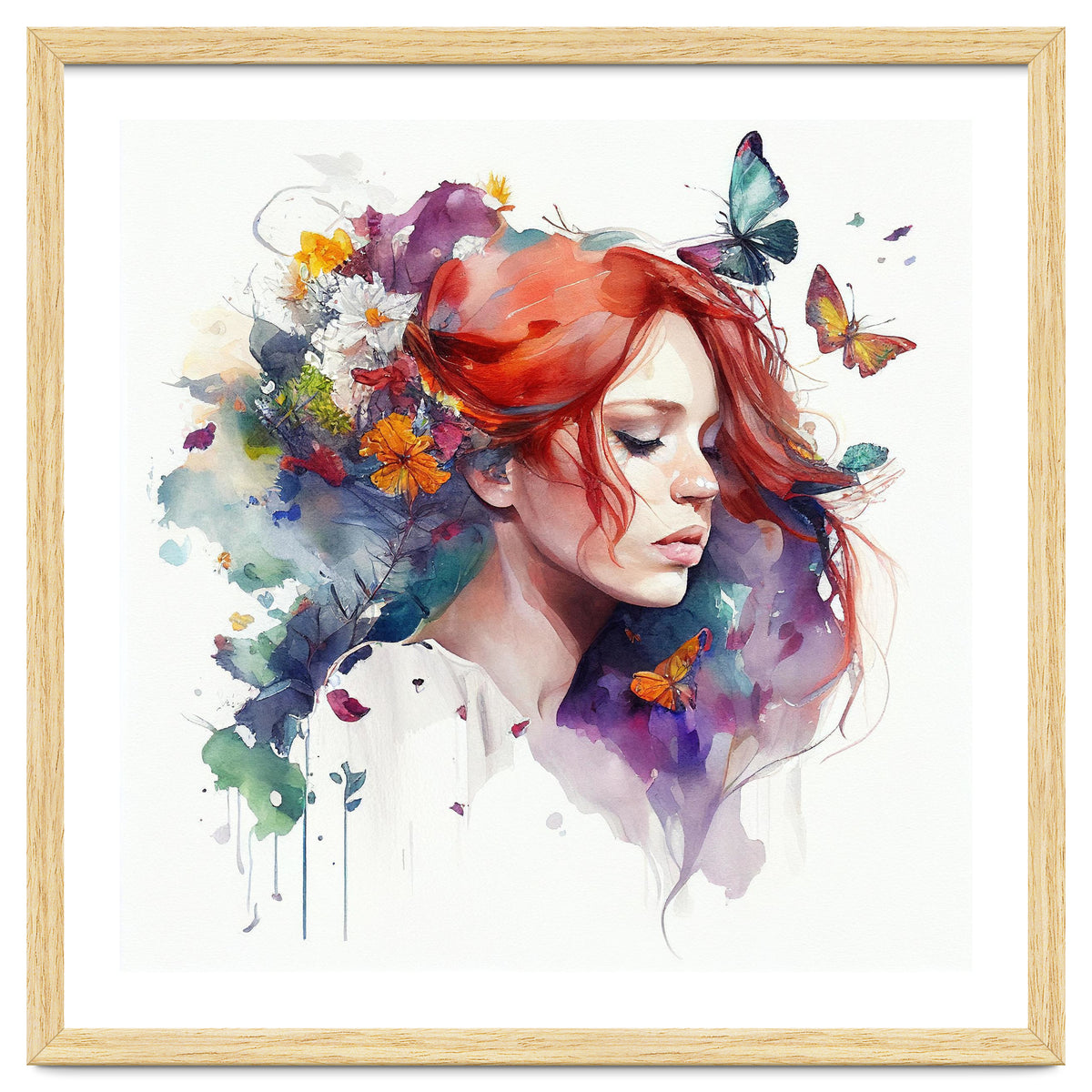 Watercolor Floral Red Hair Woman #1