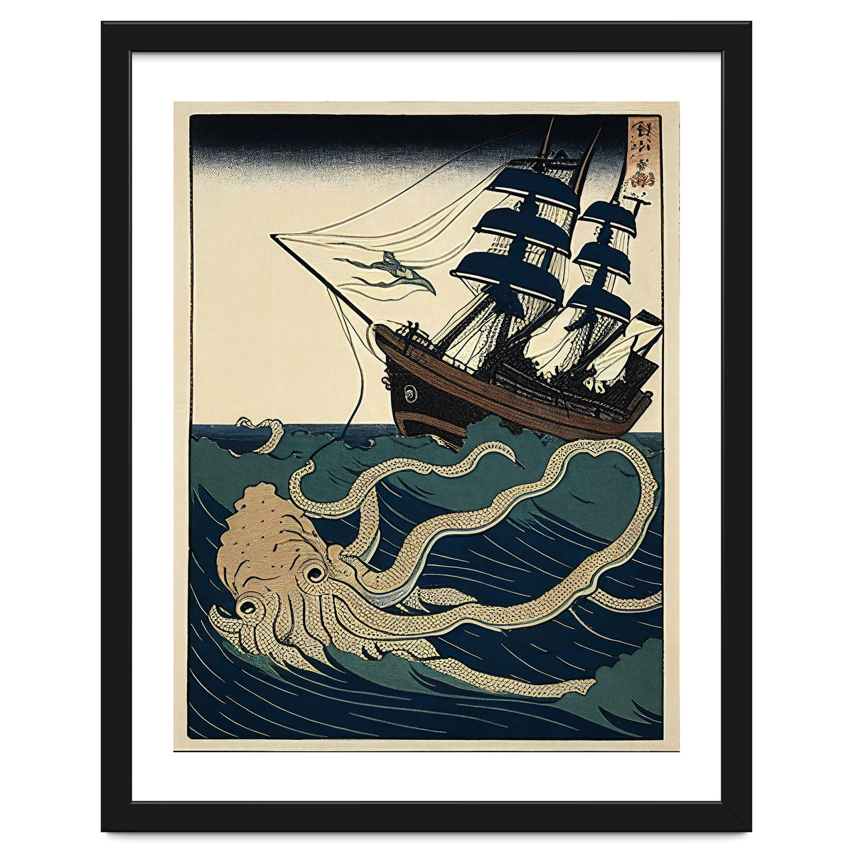 Giant Squid Attacking Ship Japanese Woodblock Print