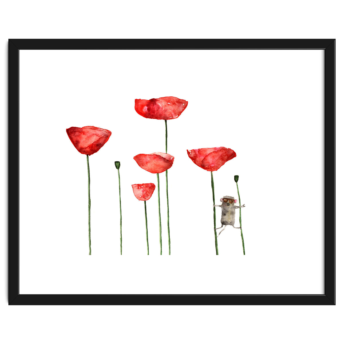 Little mouse loves big poppies || watercolor for nursery