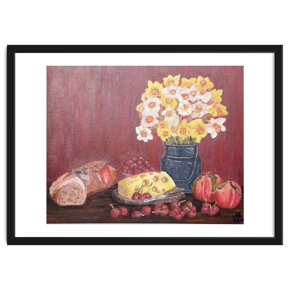 Still life with cheese, daffodils on a red background.