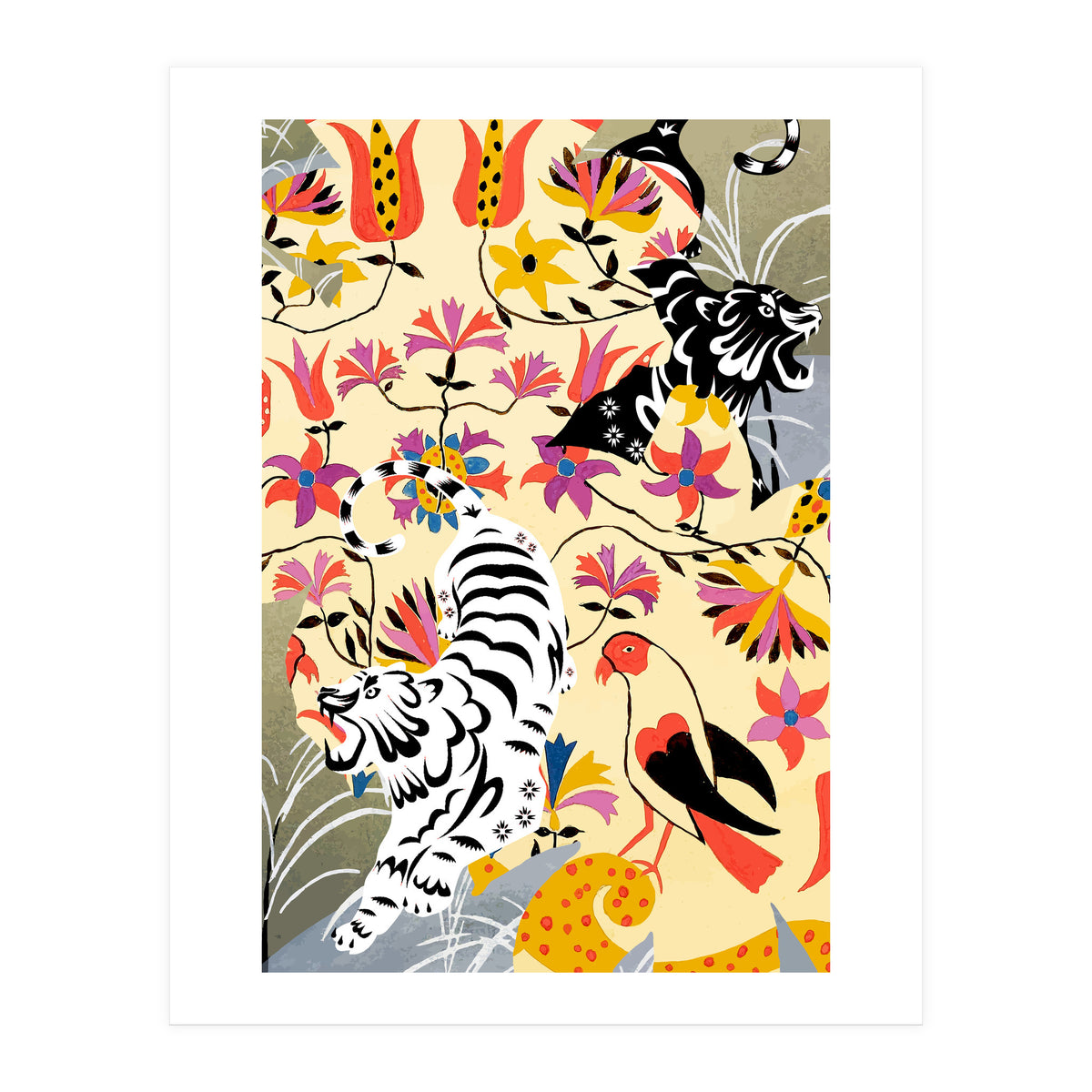 Yin Yang, Vintage Botanical Tiger Jungle, Balance Positivity Peace, Forest Animals Wild Cat (Print Only)