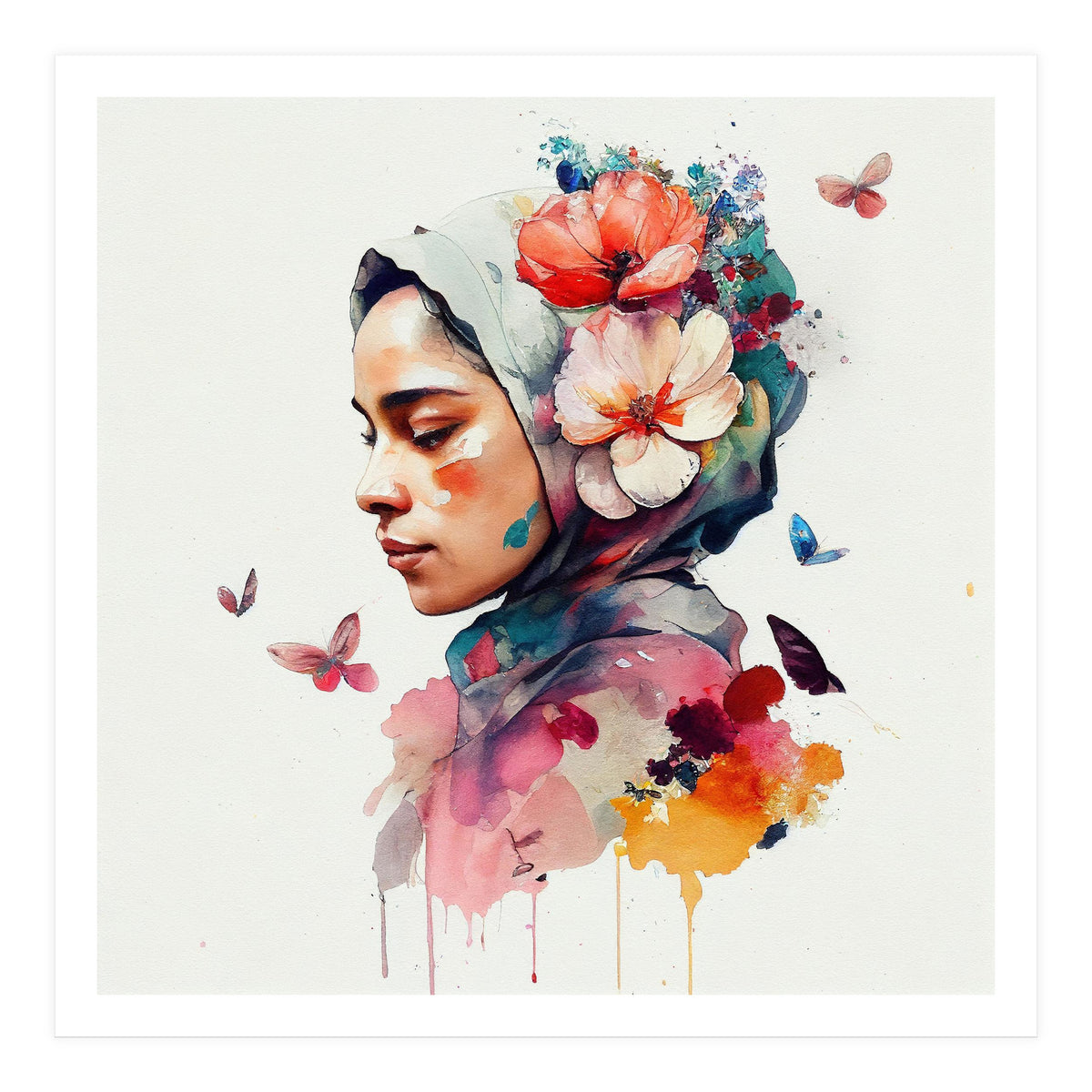 Watercolor Floral Muslim Woman #3 (Print Only)