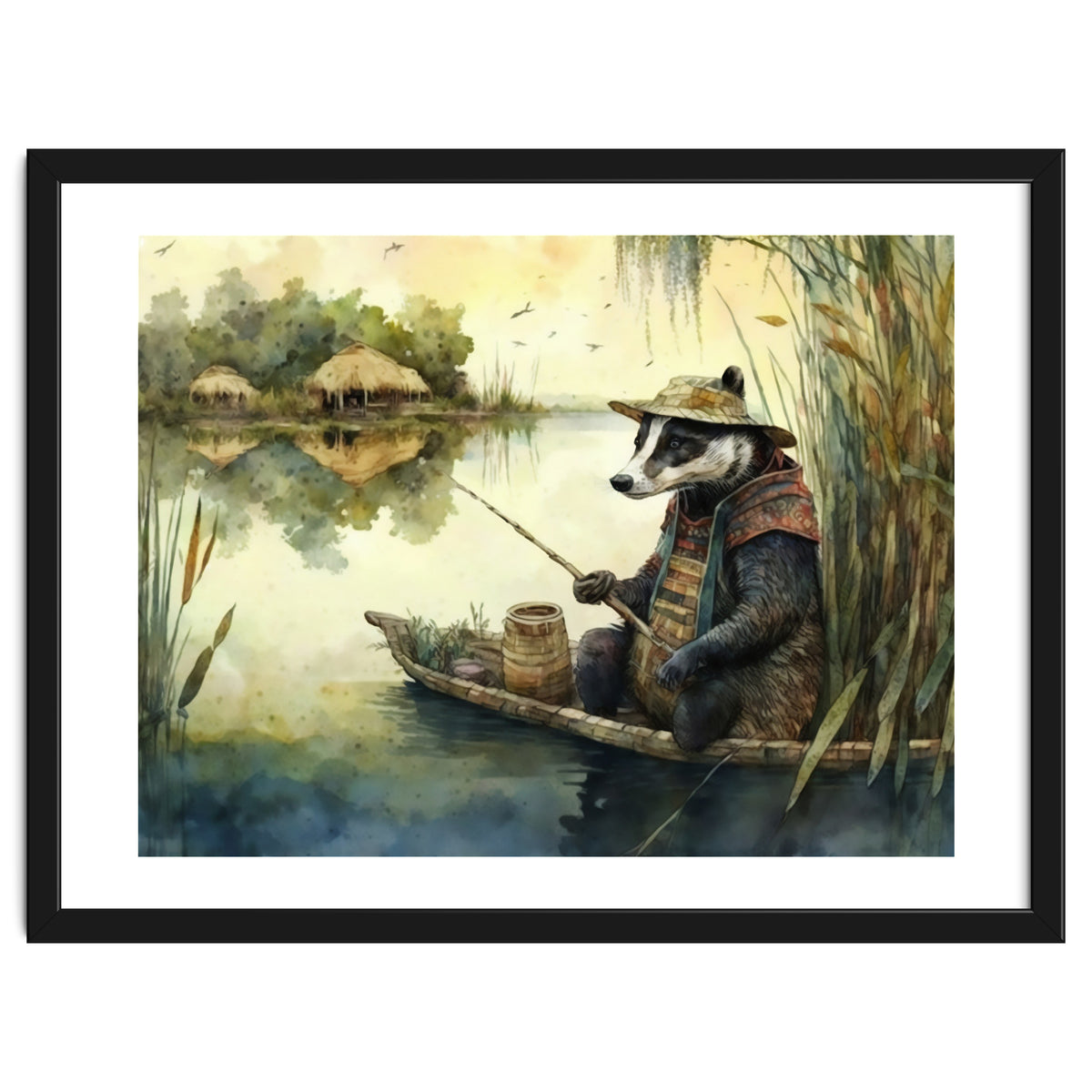 Badger Fishing Watercolor Painting