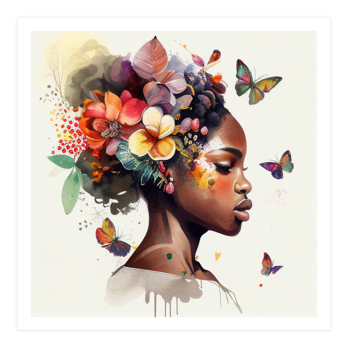 Watercolor Butterfly African Woman #6 (Print Only)