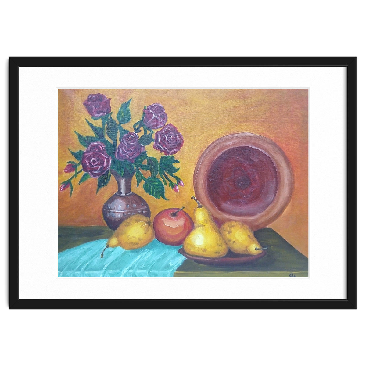 Still life with pears, roses and a dish.
