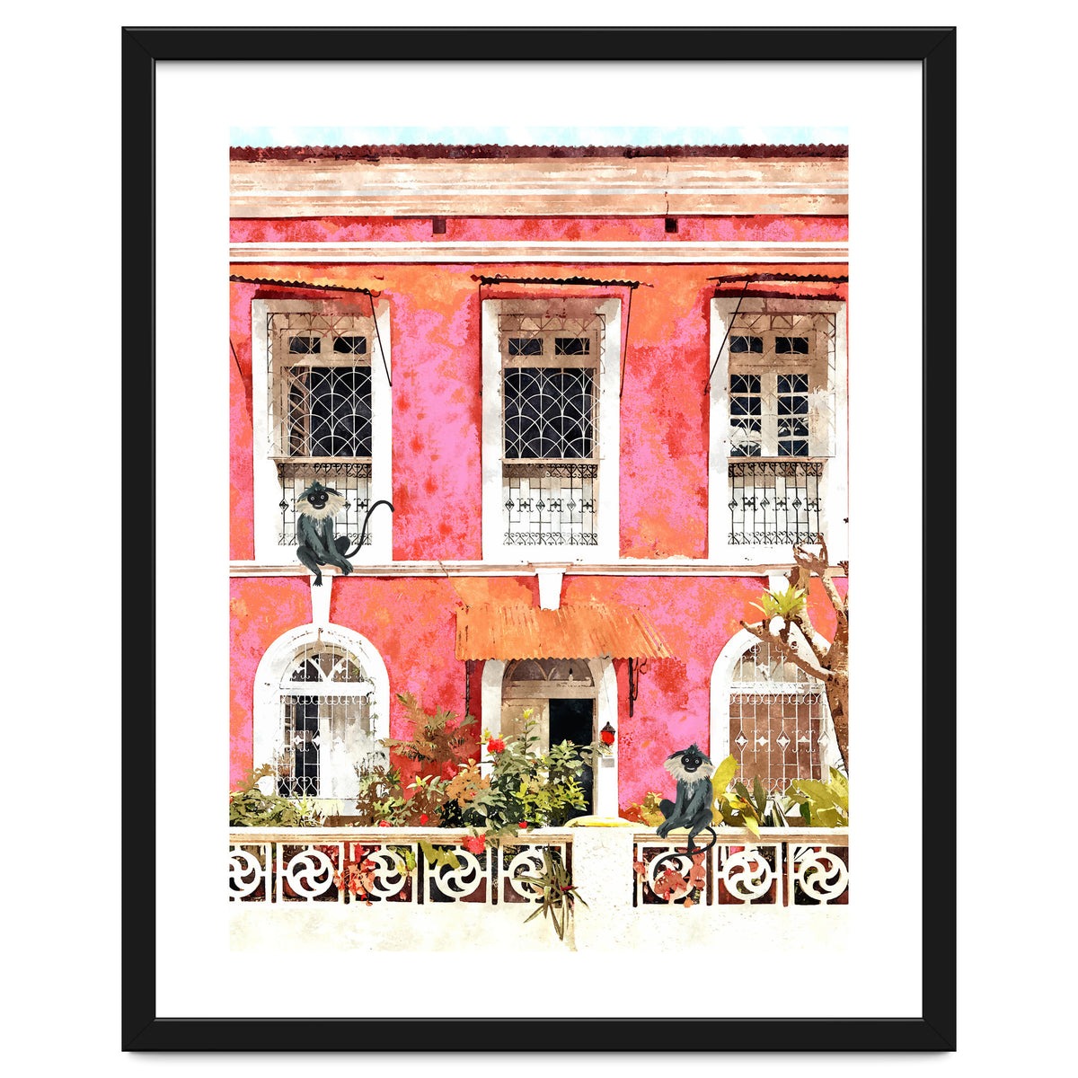Monkey Business | Watercolor Tropical Goa Architecture Painting | Travel Pastel Pink Blush Building