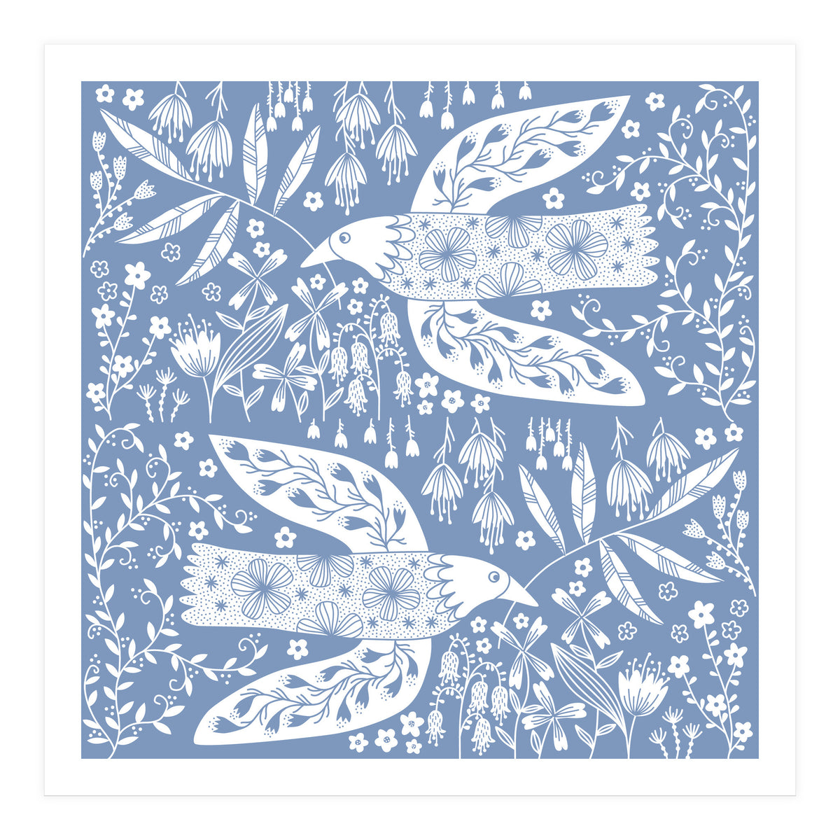 Doves And Flowers White On Blue (Print Only)