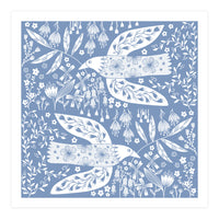 Doves And Flowers White On Blue (Print Only)