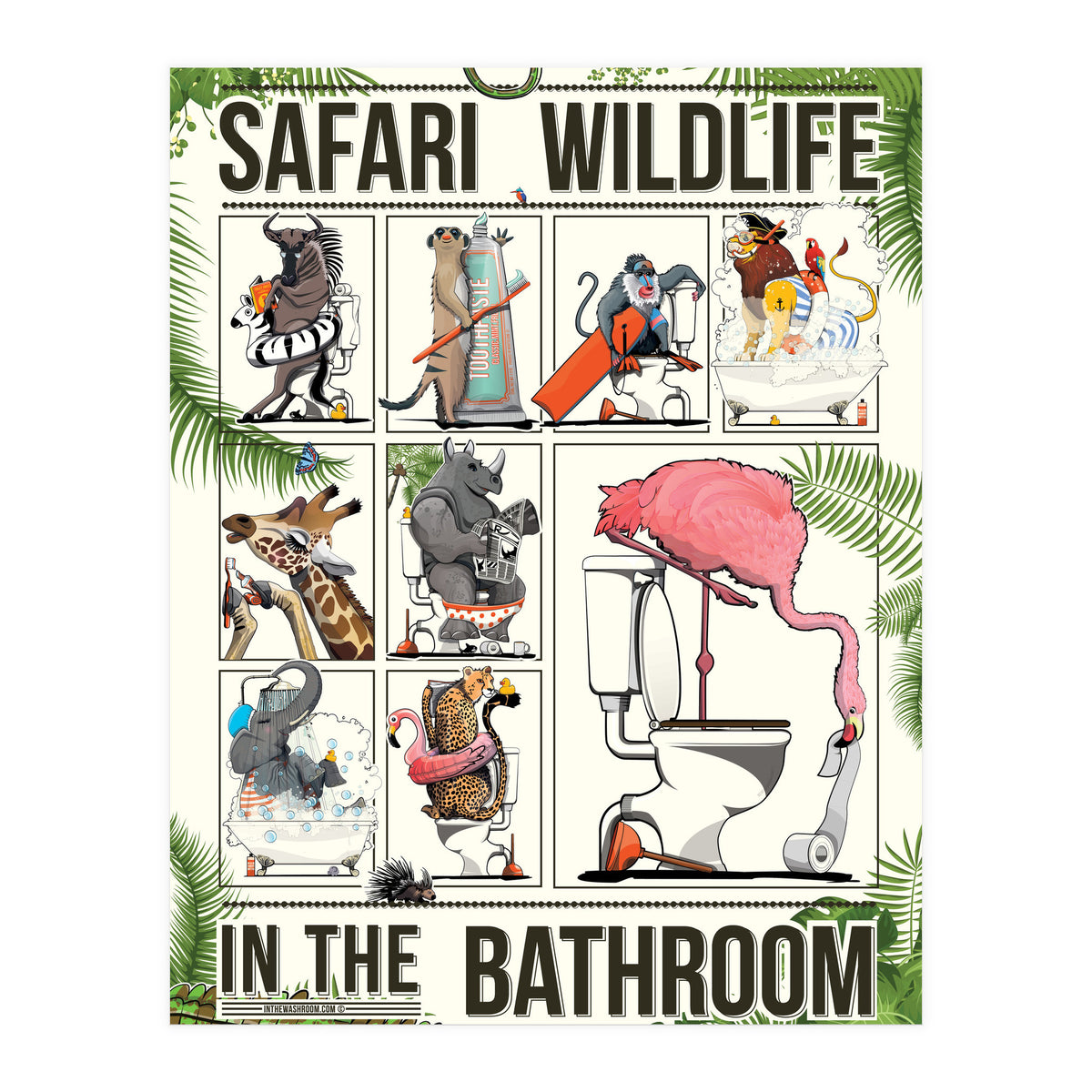 Safari wildlife animals in the bathroom, funny toilet humour.  (Print Only)