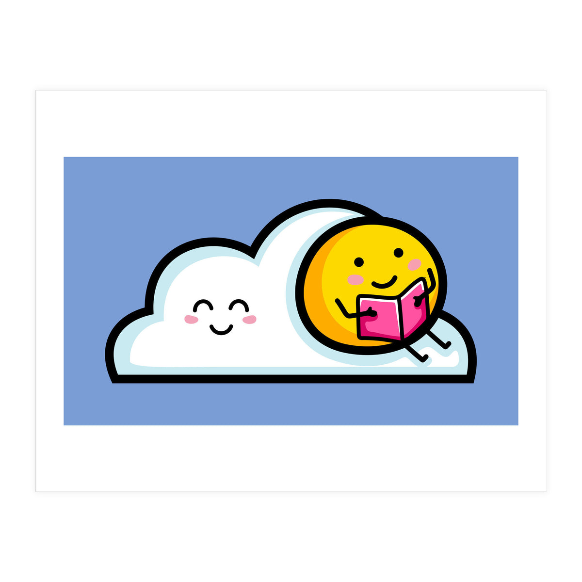 Kawaii Cute Sun Reading A Book On A Cloud (Print Only)