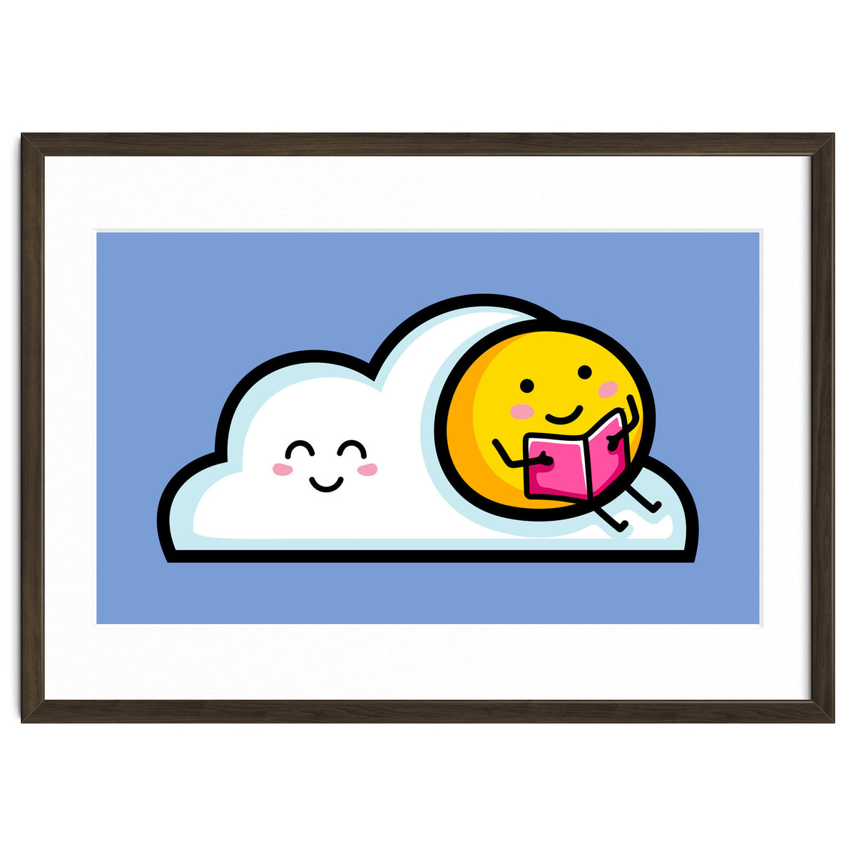 Kawaii Cute Sun Reading A Book On A Cloud