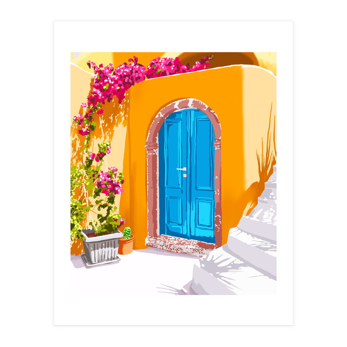 Sunny Morocco, Summer Architecture Greece Travel Painting, Boungainvillea Tropical Floral (Print Only)