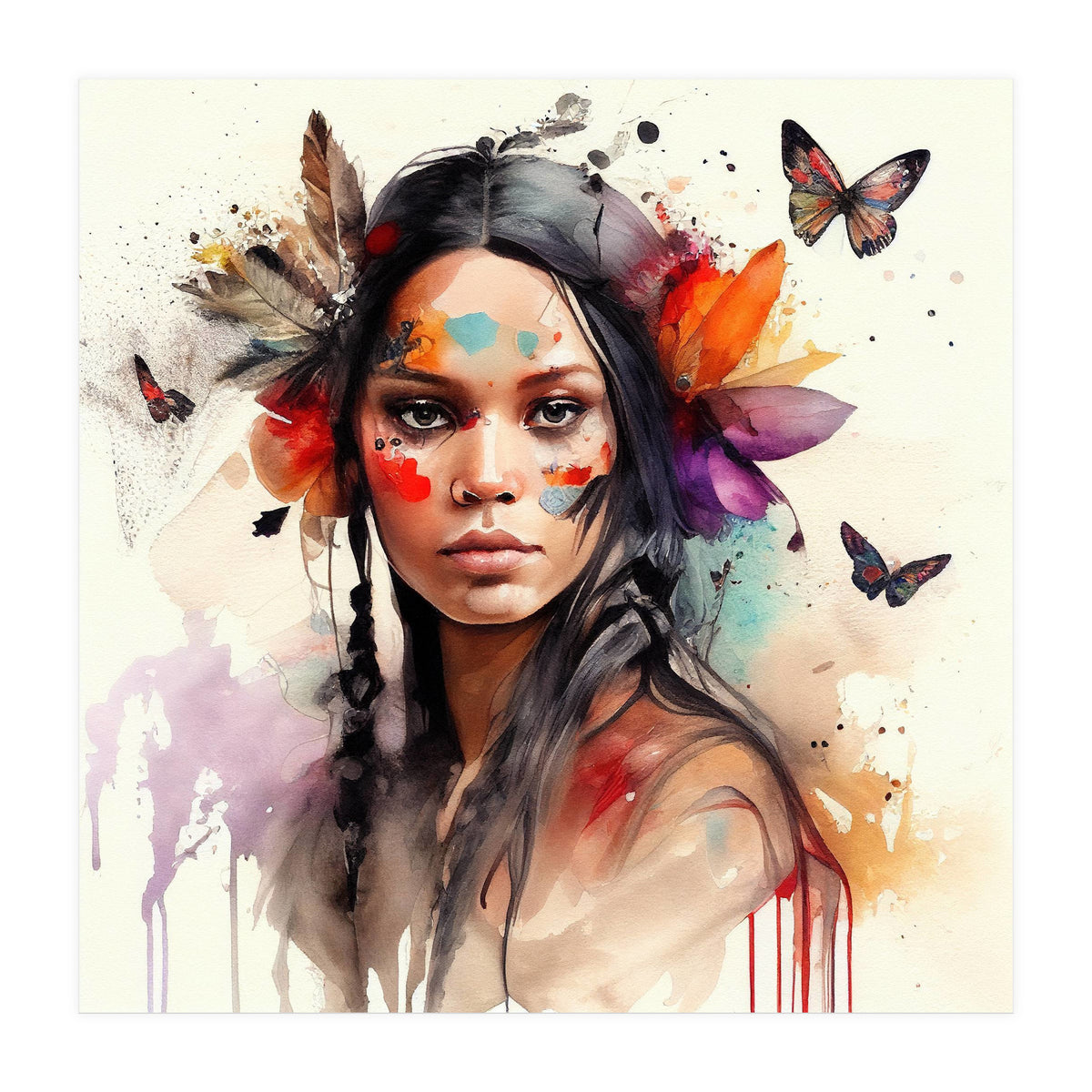Watercolor Floral Indian Native Woman #6 (Print Only)