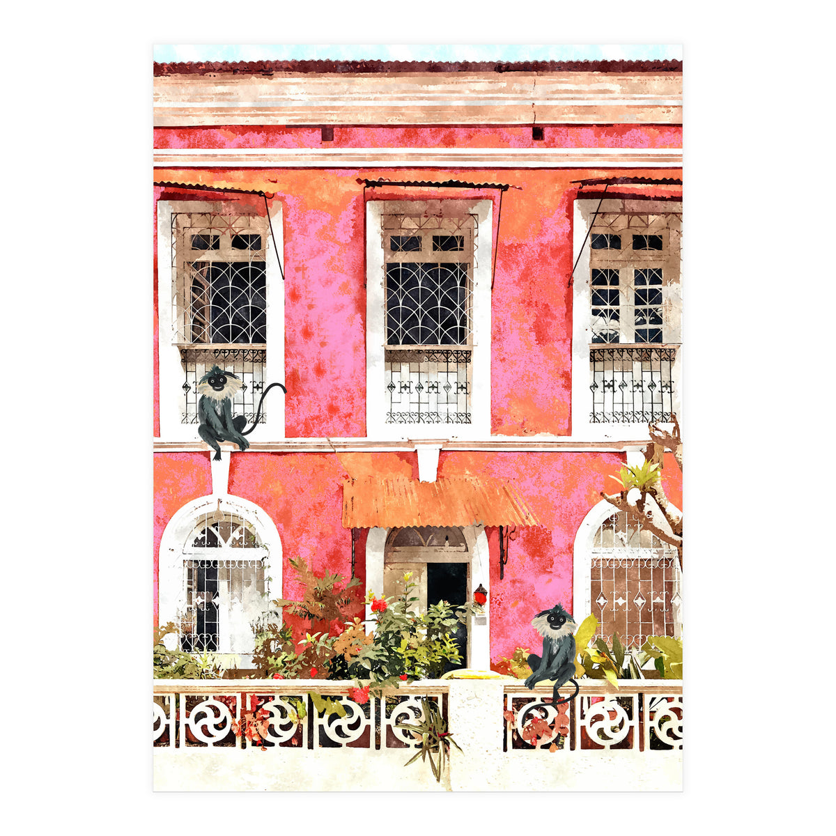 Monkey Business | Watercolor Tropical Goa Architecture Painting | Travel Pastel Pink Blush Building (Print Only)