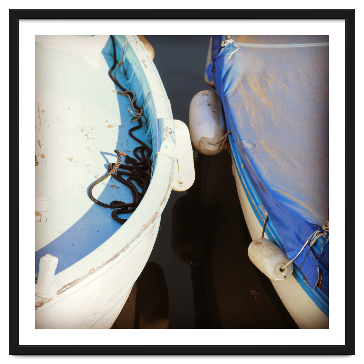 Blue and white wooden fishing boats