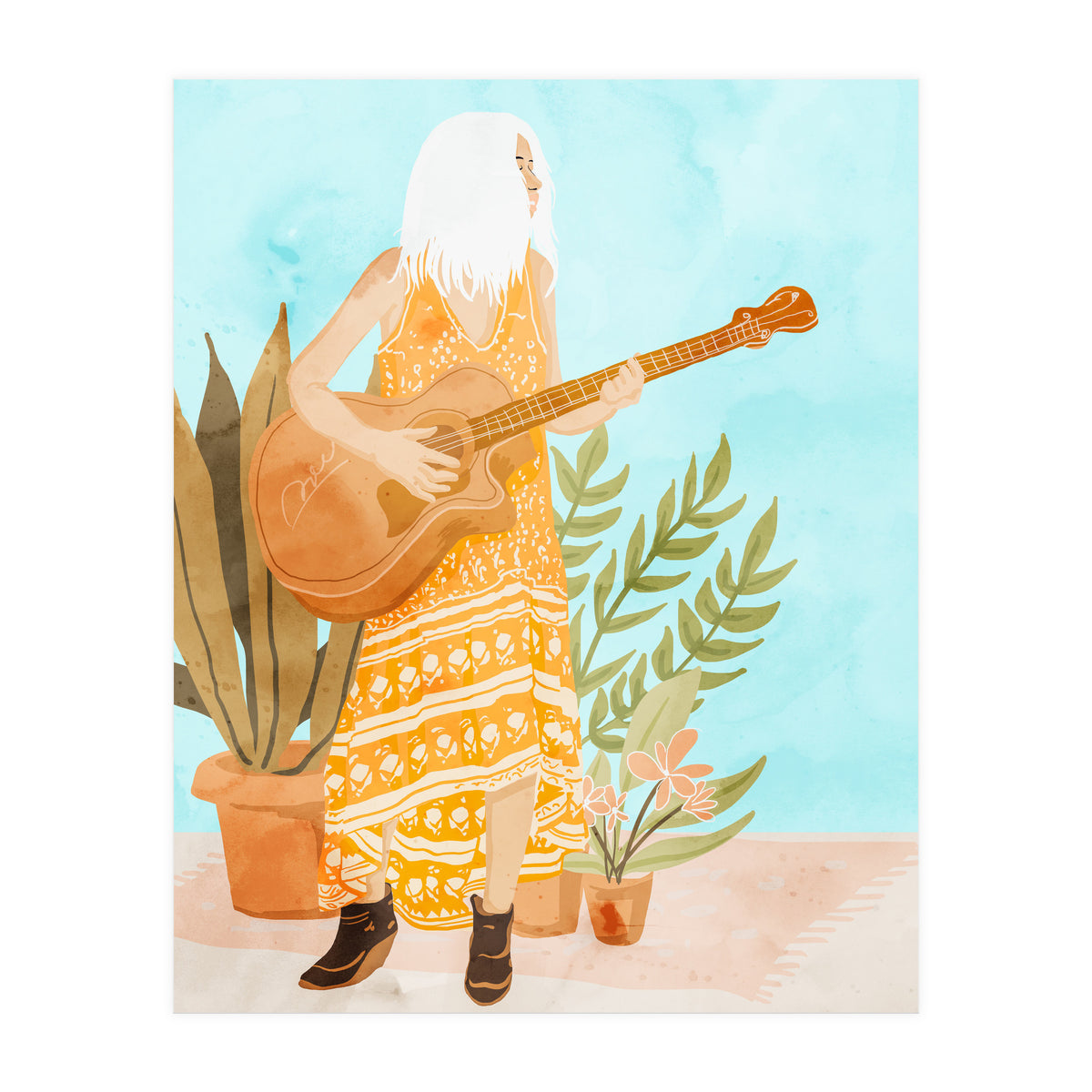 Music Soothes My Soul | Urban Hippie Bohemian Woman Playing the Guitar | Plant Lady Painting (Print Only)