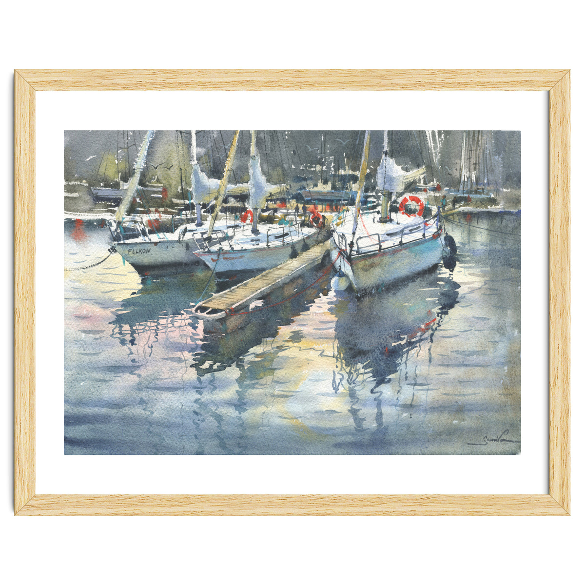 Yachts in the port. Watercolor painting