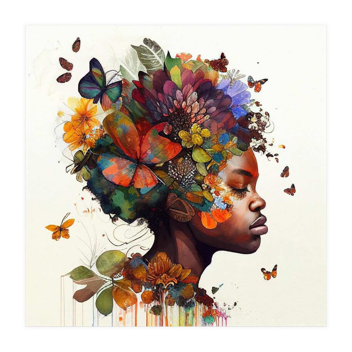 Watercolor Butterfly African Woman #5 (Print Only)