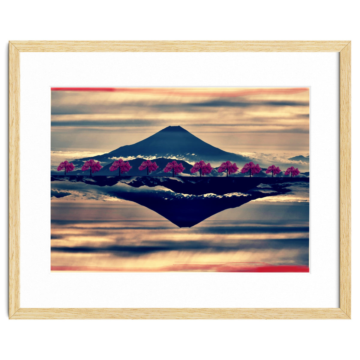 Reflection on Mount Fuji with cherry trees.