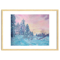 Pink sunrise in the winter forest