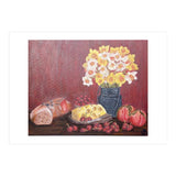 Still life with cheese, daffodils on a red background. (Print Only) thumbnail