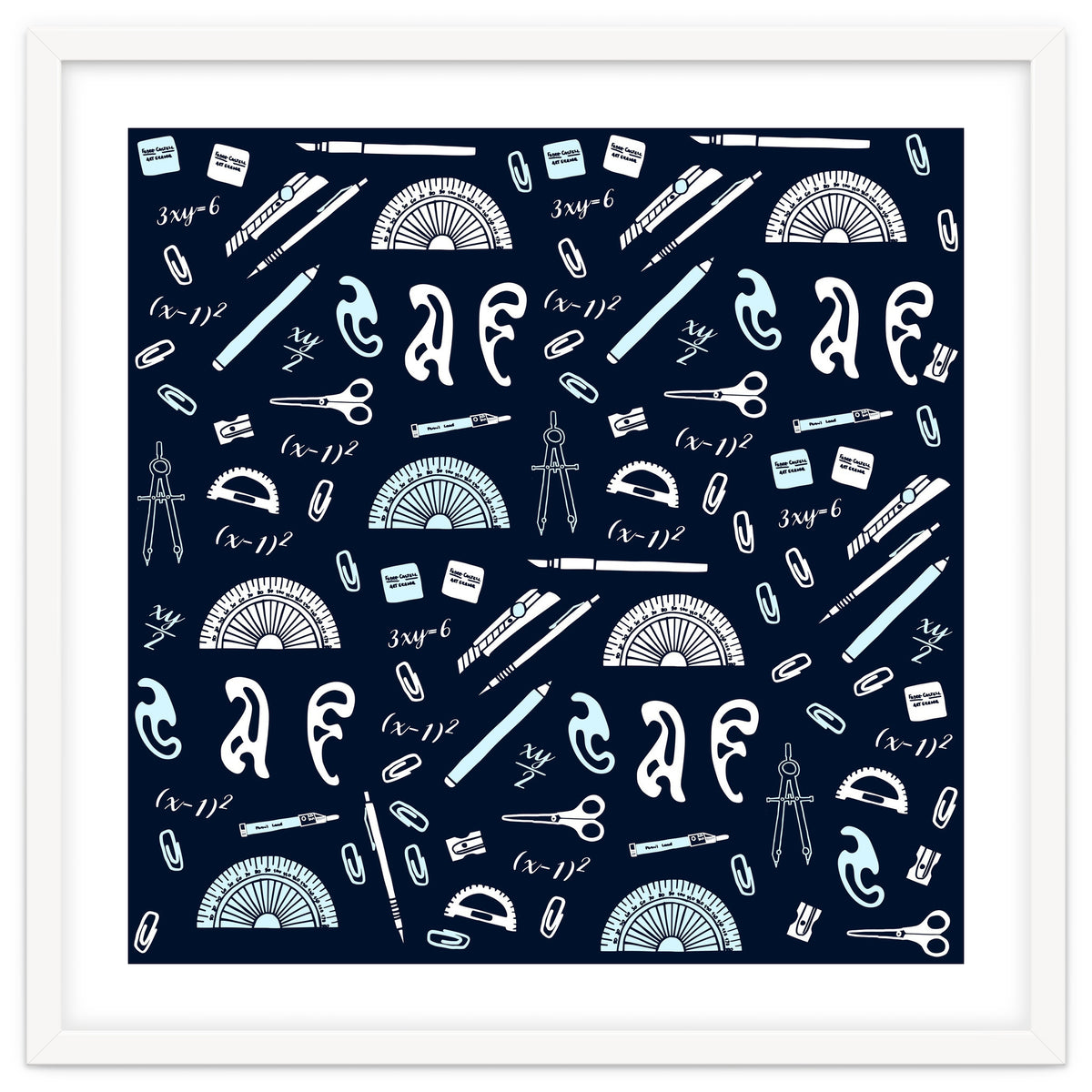 Mathematics and Geometry Pattern with protractors, mechanical pencils and erasers