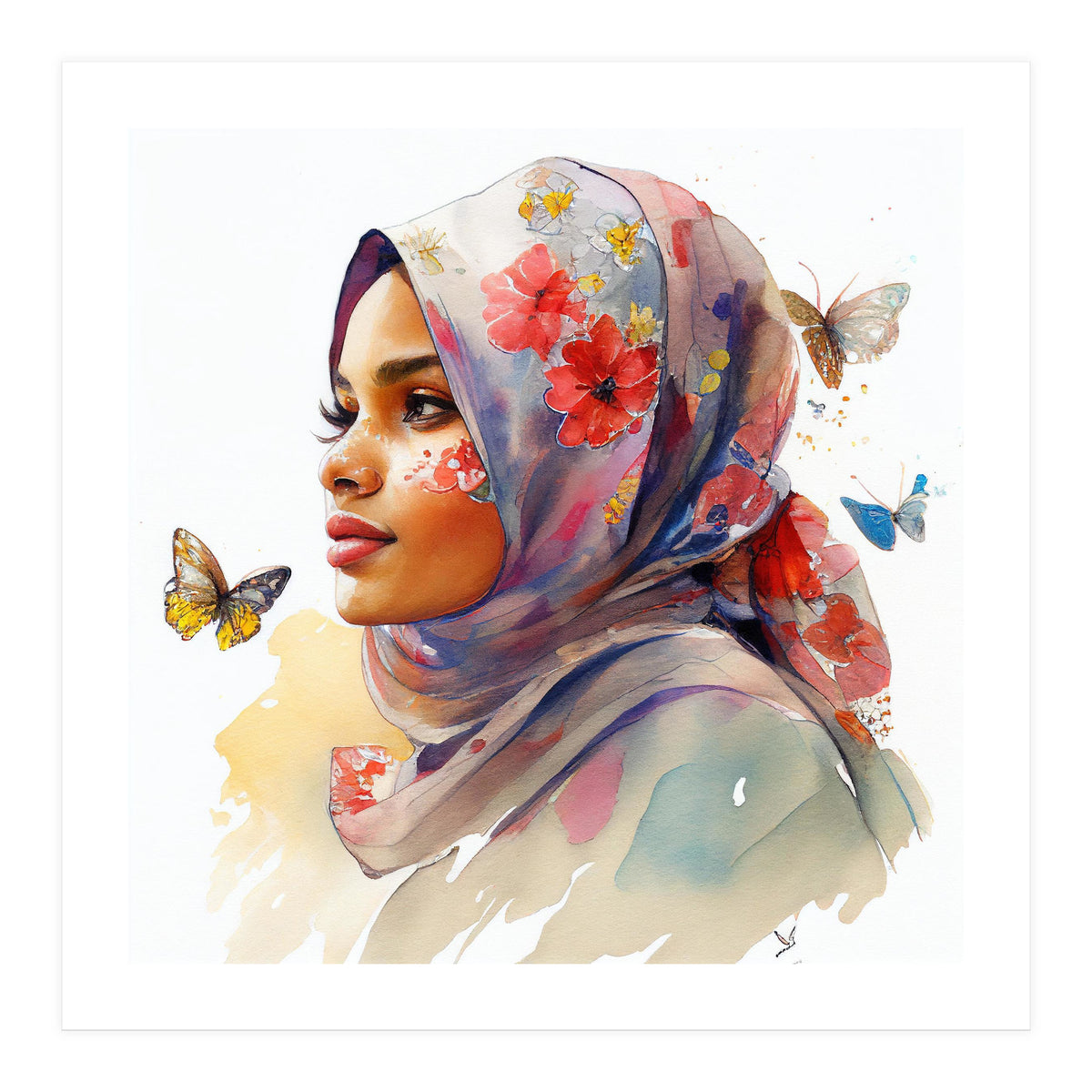 Watercolor Floral Muslim Arabian Woman #1 (Print Only)