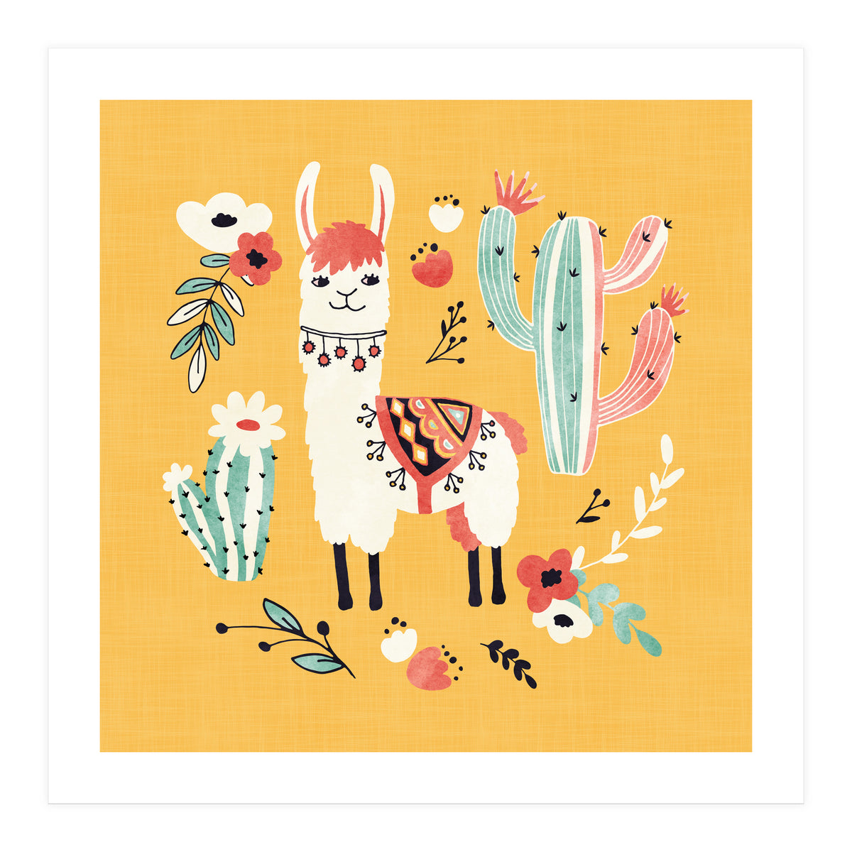White Llama With Flowers (Print Only)