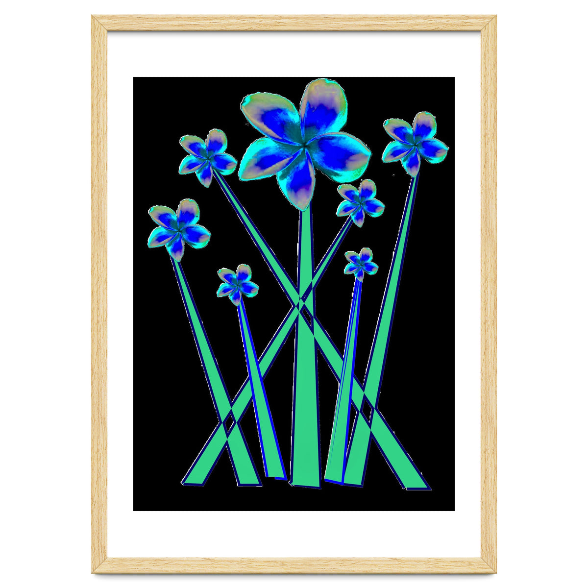Blue flowers on black.